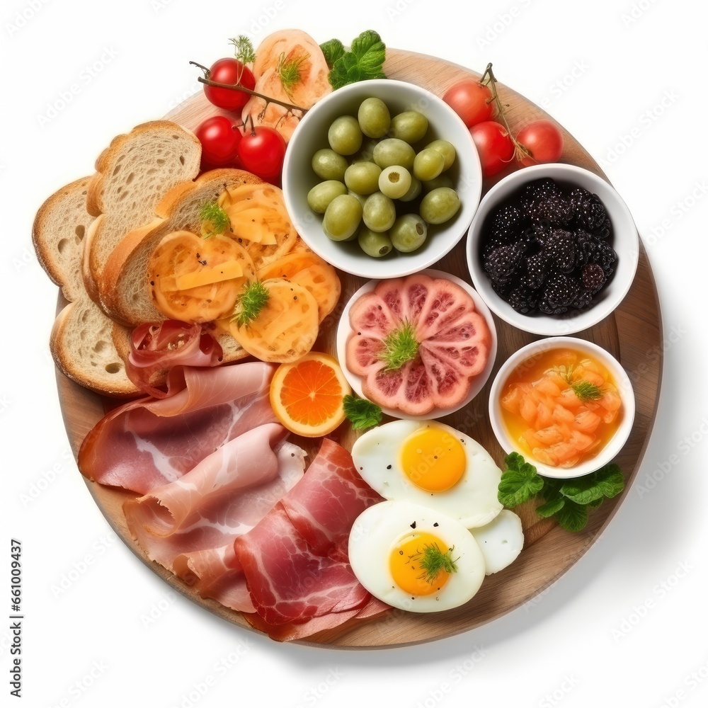 Top view of a fresh, delicious, wholesome and nutritious traditional european breakfast, beautifully decorated, food photography Top view of a fresh, delicious, wholesome and nutritious traditional european breakfast, beautifully decorated, food photography