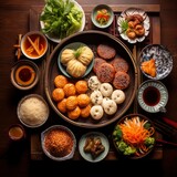 Top view of a fresh, delicious, wholesome and nutritious traditional asian breakfast, beautifully decorated, food photography