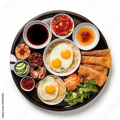 Top view of a fresh, delicious, wholesome and nutritious traditional asian breakfast, beautifully decorated, food photography