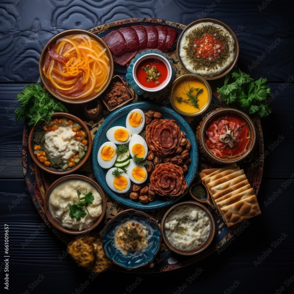 Top view of a fresh, delicious, wholesome and nutritious breakfast, beautifully decorated, food photography