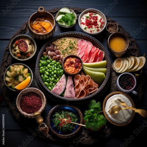Top view of a fresh, delicious, wholesome and nutritious breakfast, beautifully decorated, food photography