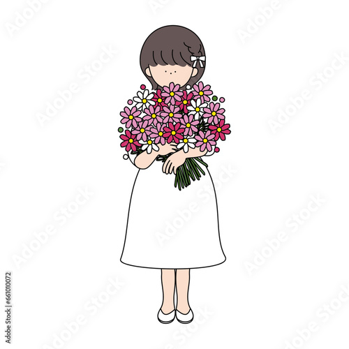 コスモスの花束を持った女の子