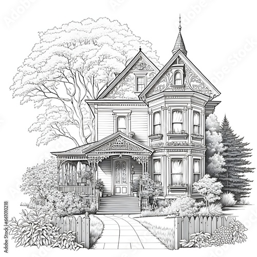 line art coloring book of home and garden style house black and white 
