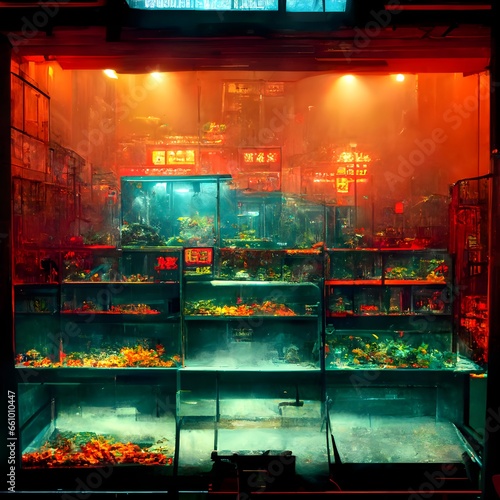 Nonexistent Hong Kong goldfish shop uninhabited creepy night lots of tanks lighting lots of fluorescent lights monochromatic black and bluegray red lights lots of pipes ducts Kowloon Castle Blade 