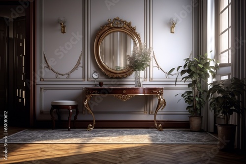 Classic console table and mirror furniture, interior design luxurious rooms
