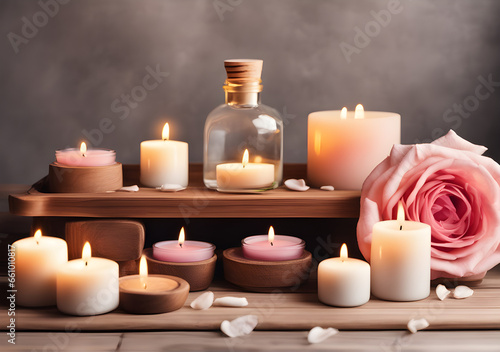 Empty wooden light spa table. Table with spa accessories. Massage oil, body salt, scented candles, rose flowers. The surface of an empty table for displaying products. Generative AI