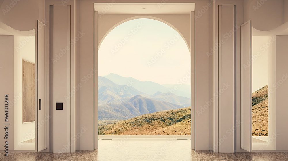 Generative AI, space door in the surreal landscape, sense of healing concept Generative AI, space door in the surreal landscape, sense of healing concept