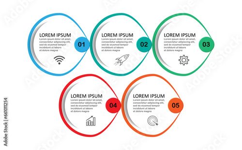 infographic template design, minimalist concept, interconnected circles with 9 steps, lines and colors in each step, good for your business presentation