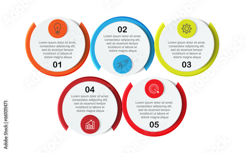 infographic template design, minimalist concept, interconnected circles with 9 steps, lines and colors in each step, good for your business presentation
