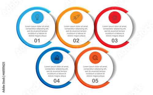 infographic template design, minimalist concept, interconnected circles with 9 steps, lines and colors in each step, good for your business presentation