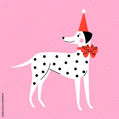 Cute cartoon Dalmatian puppy with a red hat and bow. Hand drawn vector illustration. Funny Christmas dog character card template.