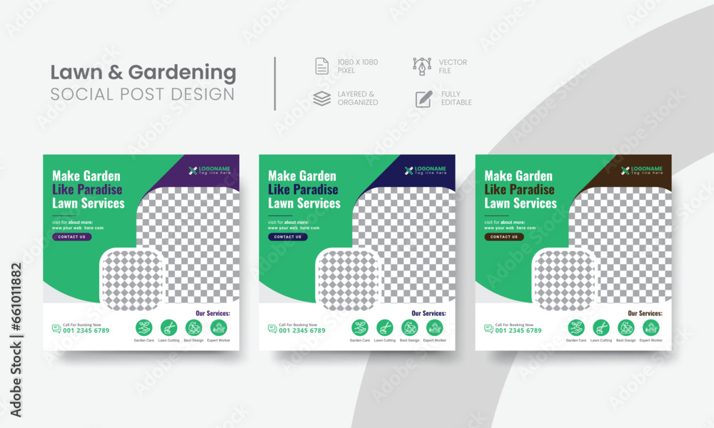 Lawn gardening social media post for agro landscaping services banner. Organic gardening service social media post layout for lawn and mower care ads. Vol - 18