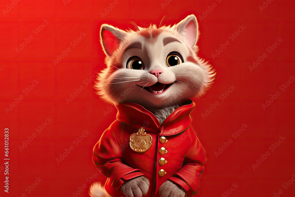 Petfluencers: The Adorable Cat's Quest to Become a Musketeer on Red Background - obrazy, fototapety, plakaty 