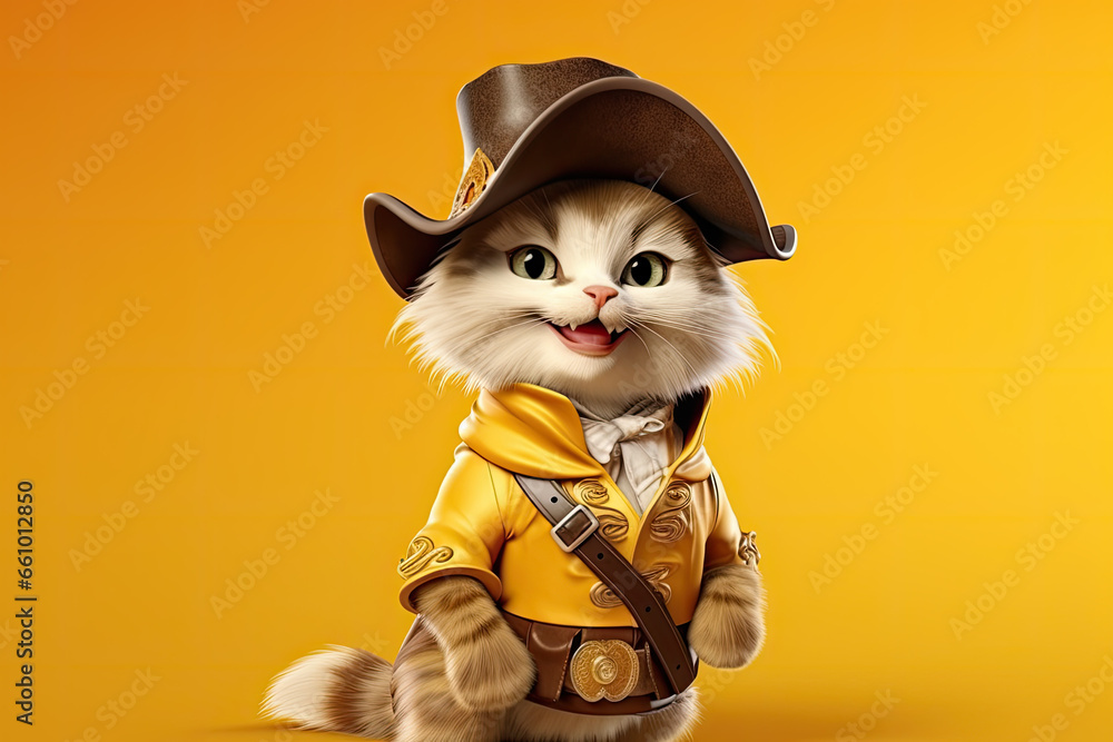 Petfluencers: The Adorable Cat's Quest to Become a Musketeer on Yellow Background Petfluencers: The Adorable Cat's Quest to Become a Musketeer on Yellow Background