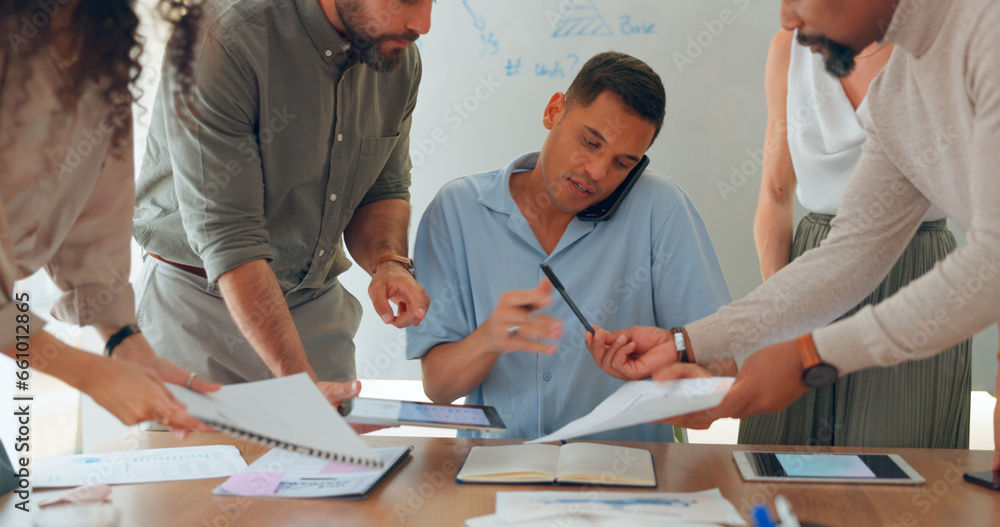 Obraz premium Phone call, multitasking and man with workflow crisis, business and conversation with planning, deadline and schedule. Chaos, manager and employees with admin, overworked or documents in a workplace