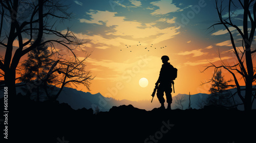 Graphic silhouette of armed soldier or marine at sunset..War concept.