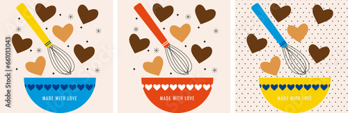 Baking set. Cooking dessert, holiday cookies, gingerbread with wire whisk. Kitchen utensils. Production of confectionery and pastries. Flat vector illustration. Confectionery. Made with love concept.