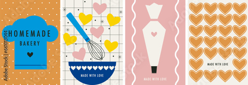 Baking set. Homemade bakery concept. Flat vector Illustration. Bakery process set of cards, poster. Cooking hat. Whisk. Decorate cookies with cream from pastry bag. Kitchenware, cooking utensil. 