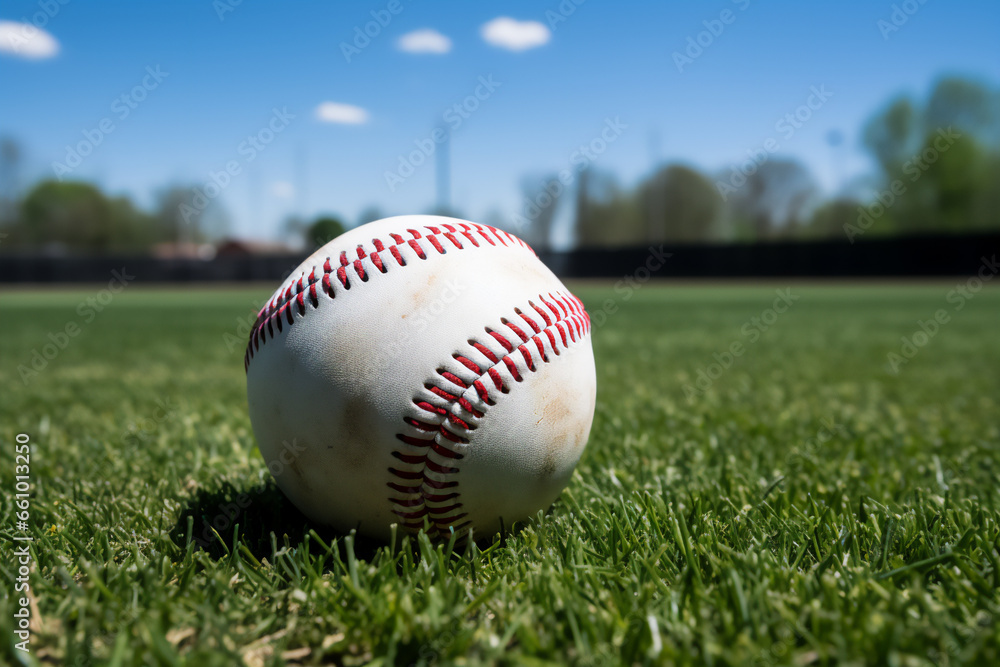 Baseball on the green grass on the pitch