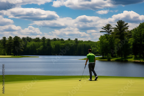 Man plays golf on green grass, natural lighting