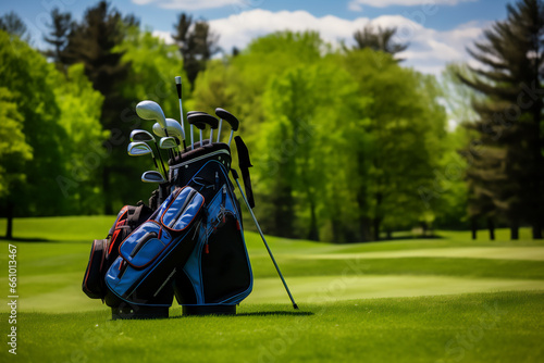 Bag with golf clubs in green grass, natural lighting