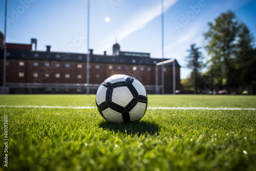 Soccer ball on the field, green grass, natural light