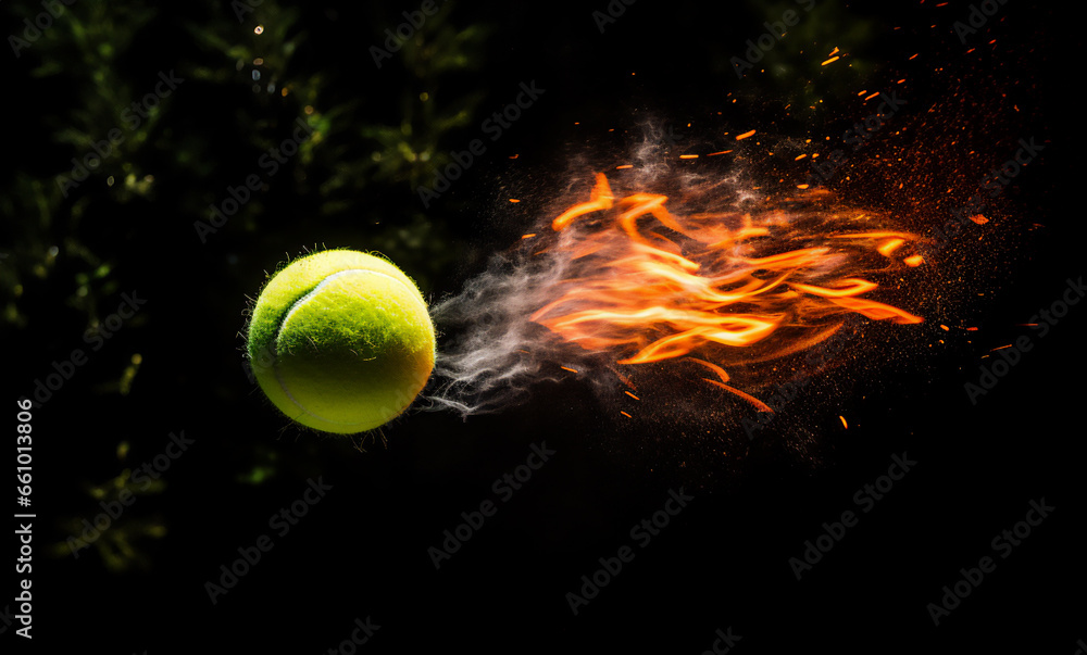 An abstract shot of a tennis ball on a black background. It leaves behind a trail of clay, earth from the impact. Dynamic shot showing the flight of the ball
