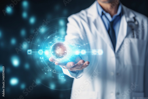 Double exposure of healthcare And Medicine concept. Doctor using modern virtual screen interface