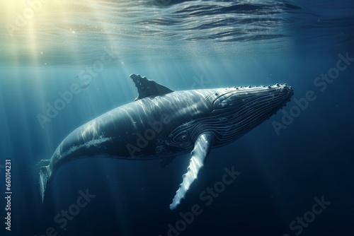 Realistic illustration of a humpback whale swimming underwater in the open sea. Generative AI © Cassidy