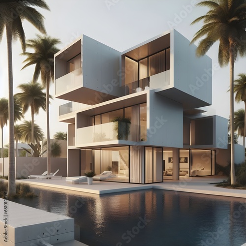 Exterior of amazing modern minimalist cubic villa and swimming pool 