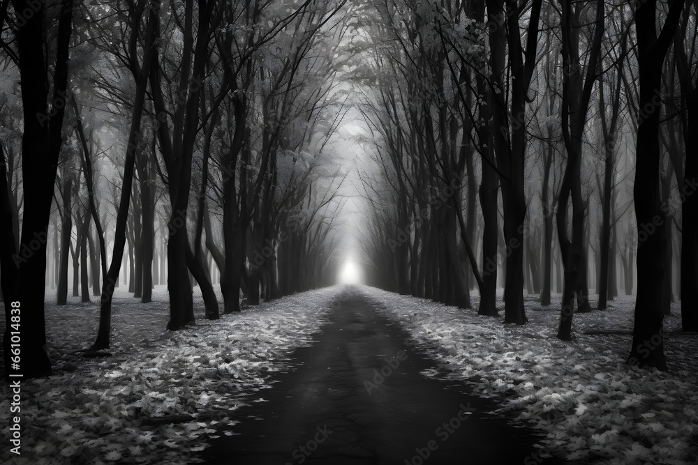 Tree-lined pathway leading to a distant glowing light in the fog