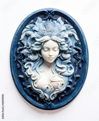 Heirloom Cameo jewelry of a beautiful young lady with long curly hair and a sweet smile and feminine demeanor, carved from blue and white stone. meticulous fine relief carving. 