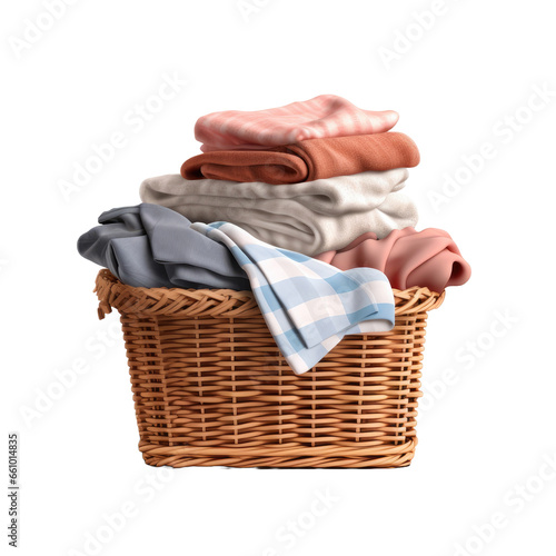 Stack of clean clothes in Wicker basket on transparent background