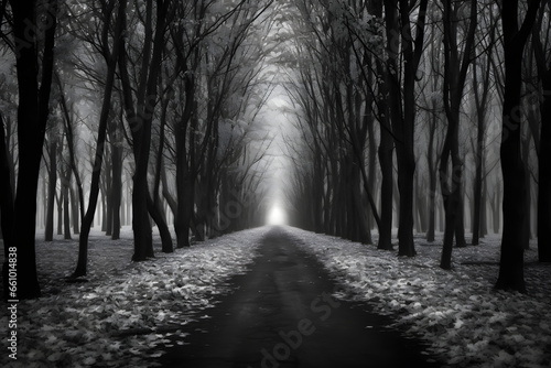 Tree-lined pathway leading to a distant glowing light in the fog