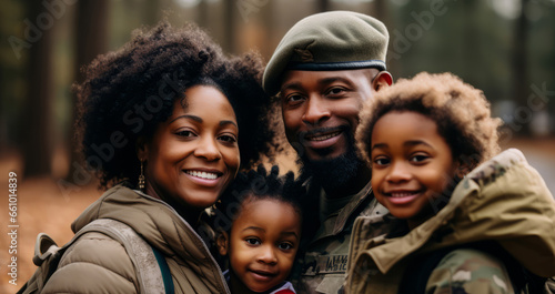 Portrait of soldier with happy family. Veteran homecoming concept.