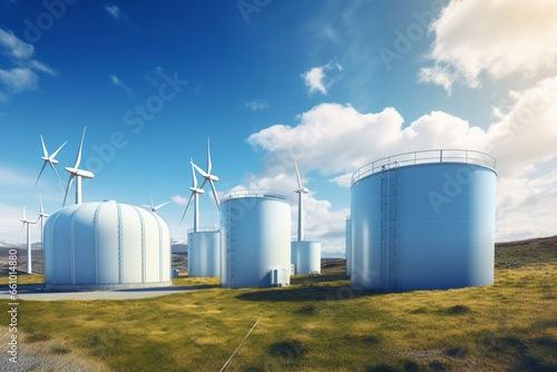 Hydrogen tanks, solar panels, wind turbines; green hydrogen from renewables. Generative AI