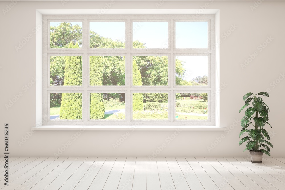 White empty room with summer landscape in window. Scandinavian interior design. 3D illustration White empty room with summer landscape in window. Scandinavian interior design. 3D illustration