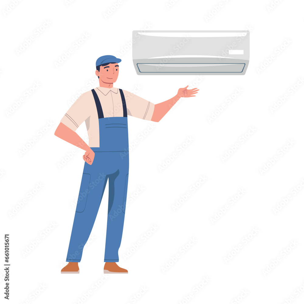 Man Character Install Air Conditioner on the Wall Vector Illustration Man Character Install Air Conditioner on the Wall Vector Illustration