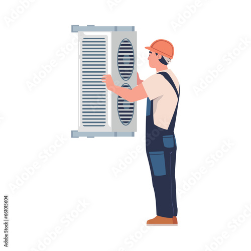 Man Character in Uniform Fix and Repair Ventilation and Air Conditioner Vector Illustration