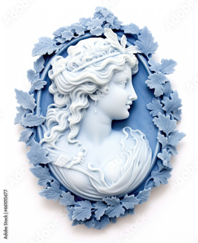 Heirloom Cameo jewelry of a beautiful young lady with long curly hair and a sweet smile and feminine demeanor, carved from blue and white stone. meticulous fine relief carving. 