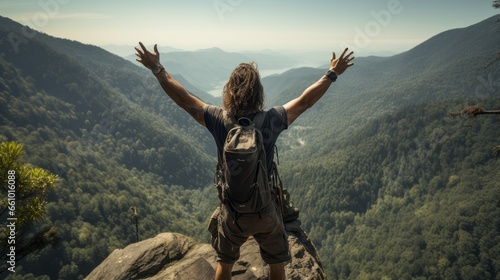 A PERSON STANDS ALONE AMIDST A MOUNTAINOUS LANDSCAPE, ARMS RAISED IN NATURE'S EMBRACE.