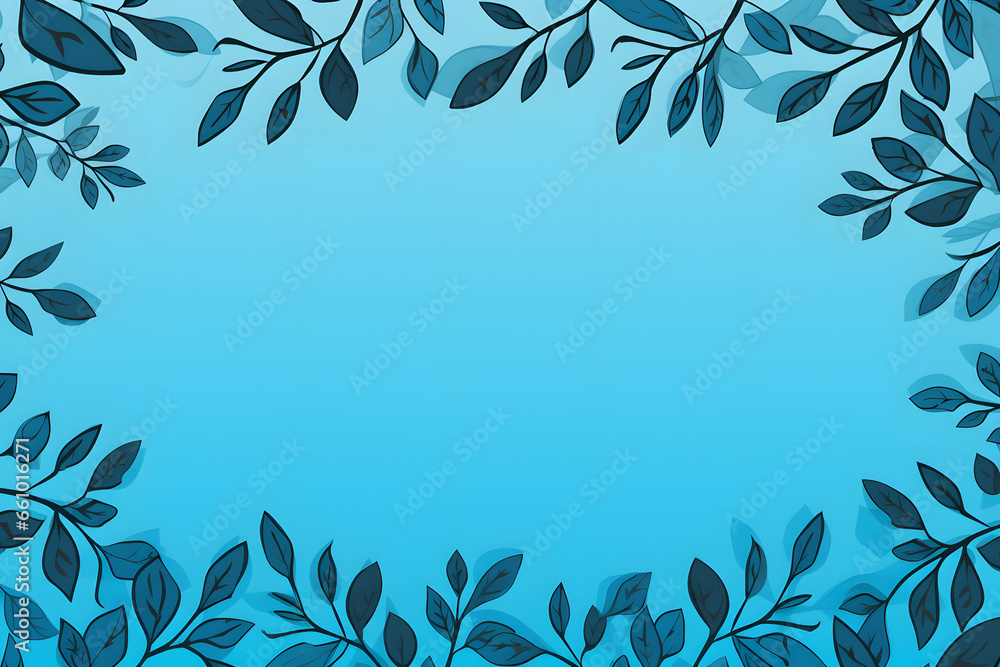 Vibrant blue background framed by dark symmetrical leaf patterns Vibrant blue background framed by dark symmetrical leaf patterns