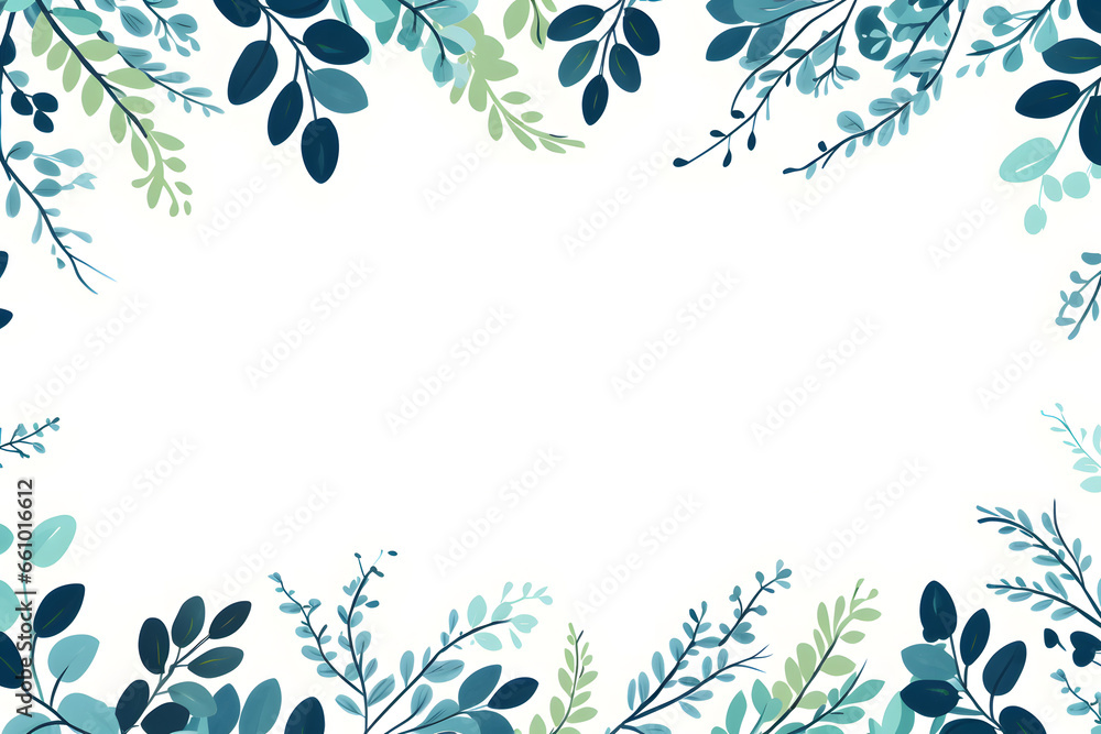 Teal and blue leafy patterns form a decorative border on a white canvas - obrazy, fototapety, plakaty 