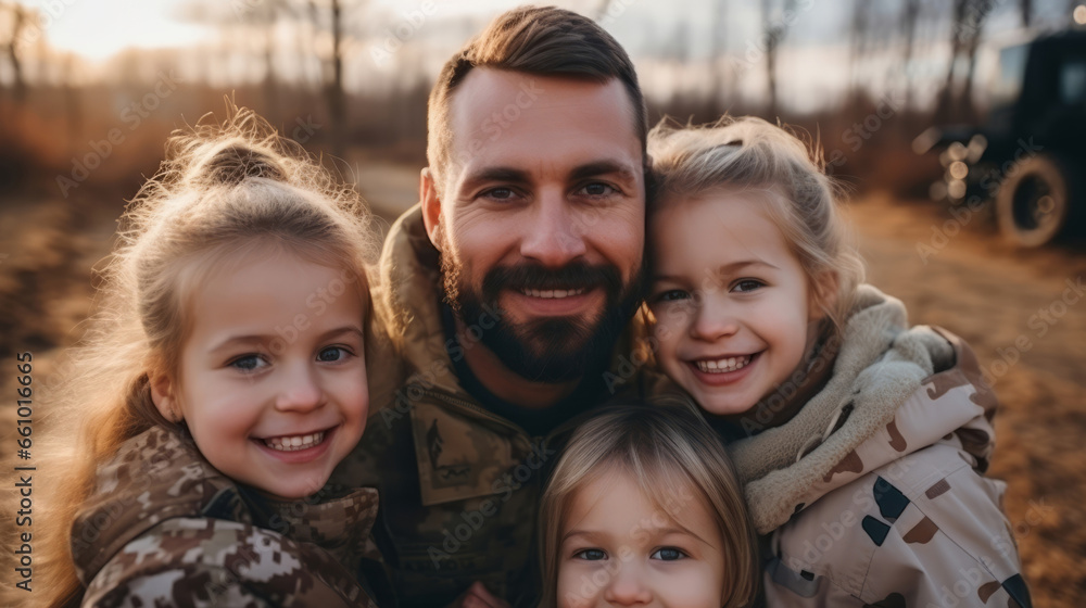 Portrait of soldier with happy children. Veteran homecoming concept. Portrait of soldier with happy children. Veteran homecoming concept.