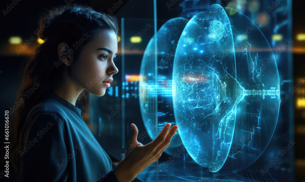 woman looking at holographic display, futural technology 