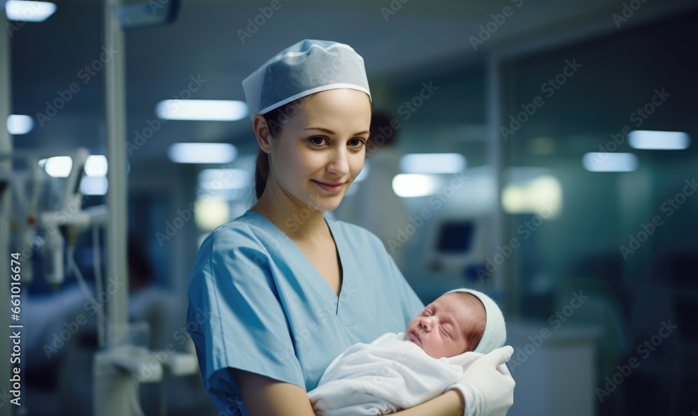 nurse holding newborn baby in modern hospital nurse holding newborn baby in modern hospital