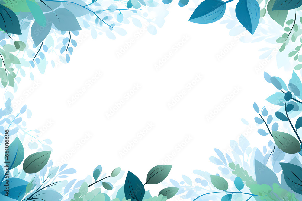 White center framed with blue and green leaves and delicate botanical elements White center framed with blue and green leaves and delicate botanical elements