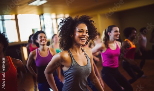 smiling women dancing fitness in gym © David Kreuzberg