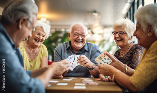 group of senior people play cards in care house photo