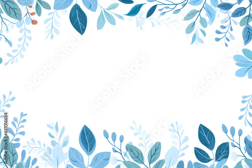 Blue background framed by white and dark leaves creating an elegant border